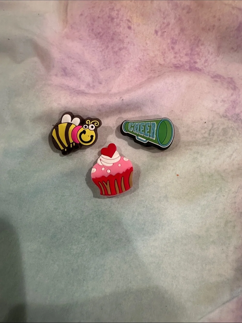 CROCS Jibbitz Pack — Yellow Bee, Pink Cupcake & Green 'Cheer' Megaphone Charms
